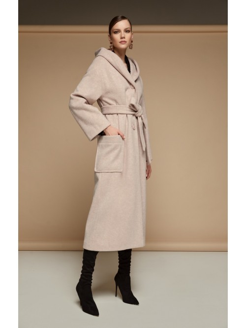 Straight coat with molded hood outer pockets and b...