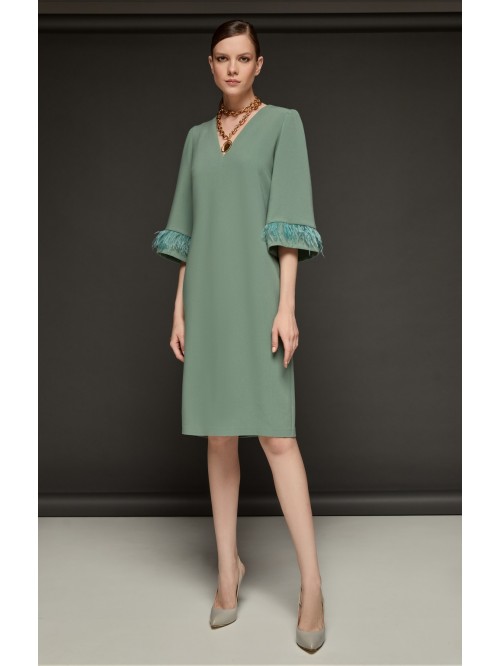 Dress with 3/4 bubble sleeves, neckline and feathe...